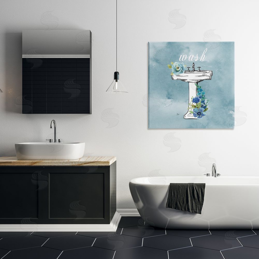 Nan Floral Bathroom Rules Wash Stretched Canvas Wall Art in Room