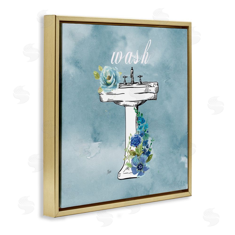 Nan Floral Bathroom Rules Wash Gold Floating Frame Canvas Wall Art Print