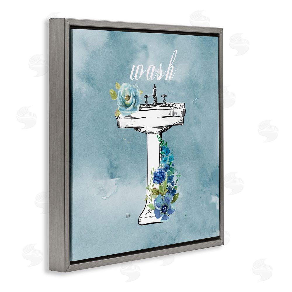 Nan Floral Bathroom Rules Wash Gray Floating Frame Canvas Wall Art Print