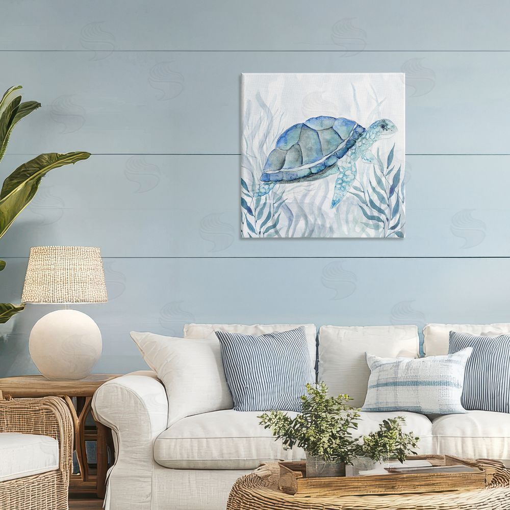 Janet Tava Smiling Turtle Gaze Stretched Canvas Wall Art in Room