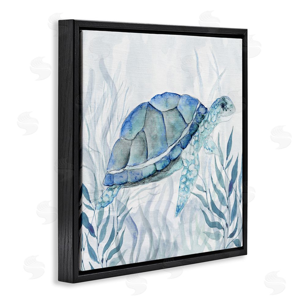 Janet Tava Smiling Turtle Gaze Black Floating Frame Canvas Wall Art Print