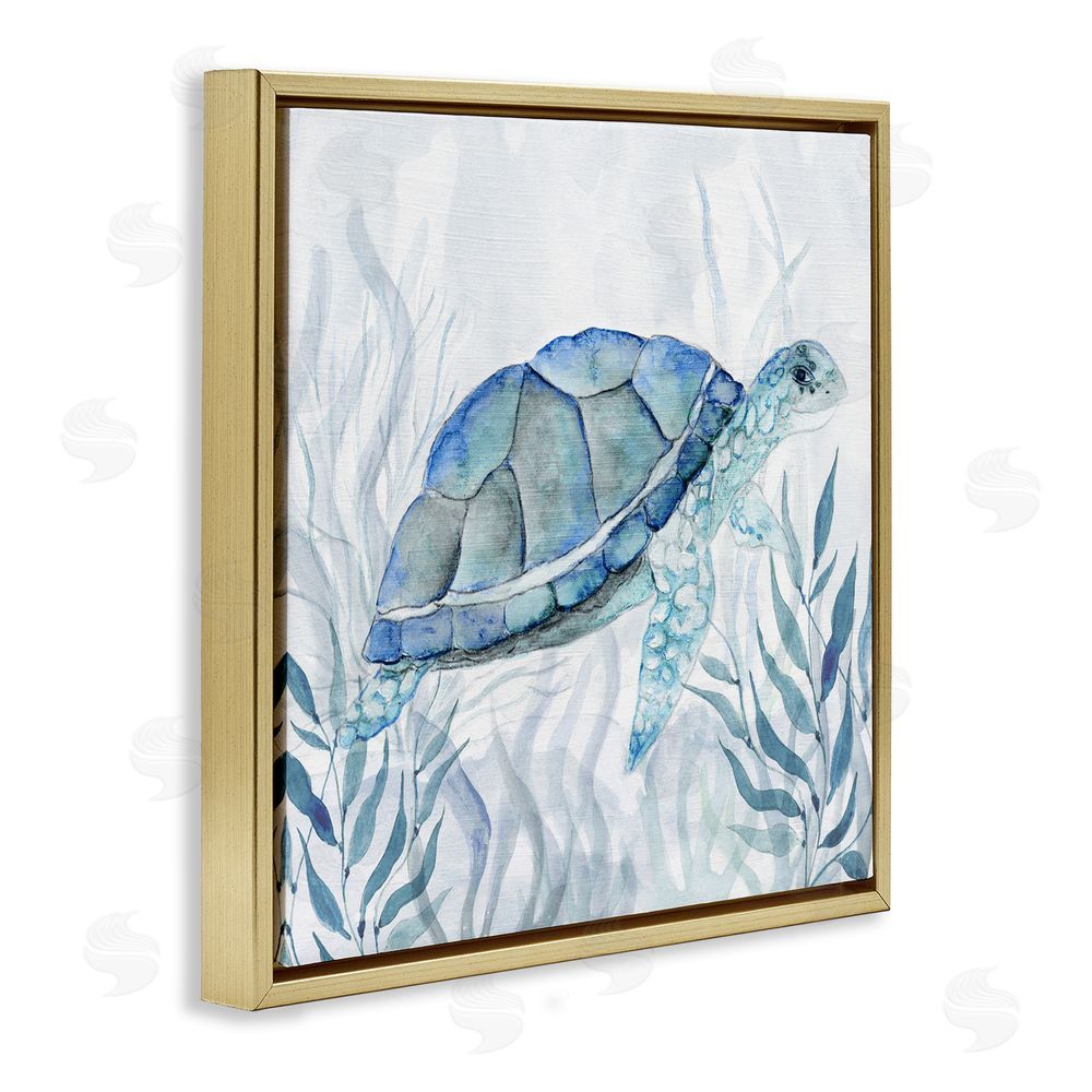Janet Tava Smiling Turtle Gaze Gold Floating Frame Canvas Wall Art Print