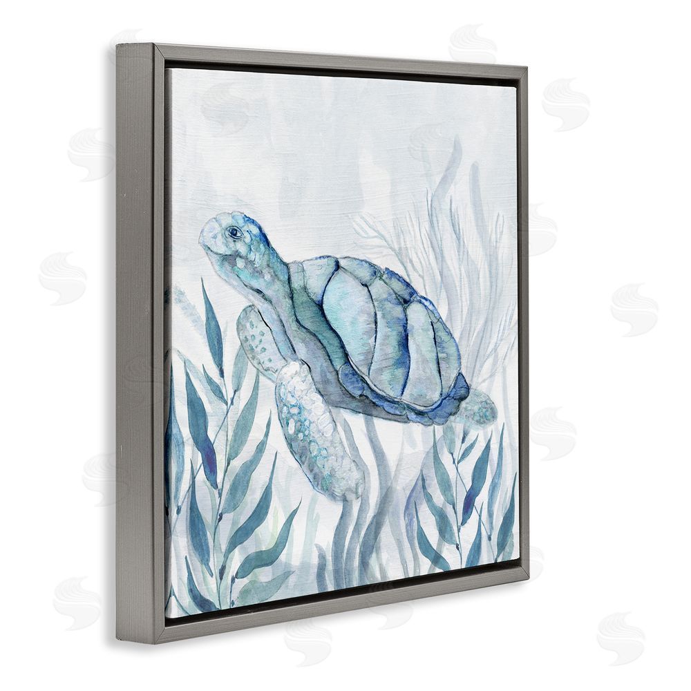 Janet Tava Sea Turtle with Subtle Smile Gray Floating Frame Canvas Wall Art Print