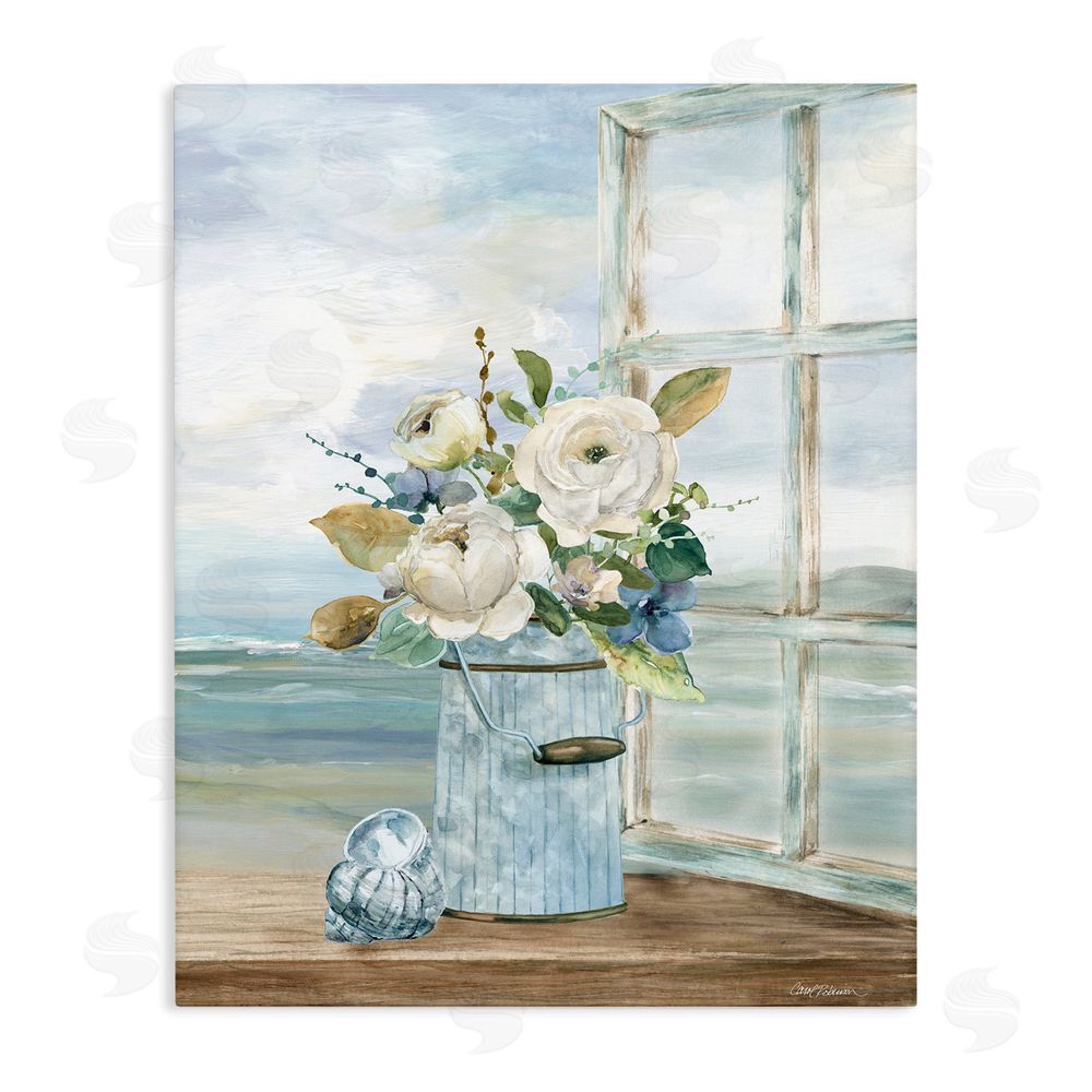 Carol Robinson Seaside Florals on Windowsill Stretched Canvas Wall Art Print