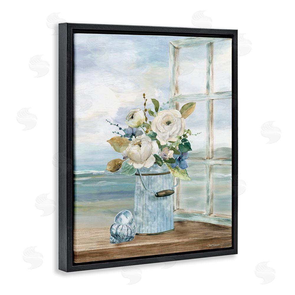 Carol Robinson Seaside Florals on Windowsill Black Floating Frame Canvas Wall Art Print