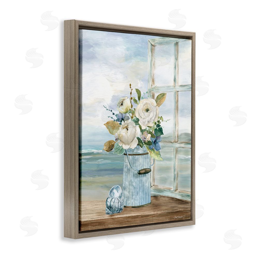 Carol Robinson Seaside Florals on Windowsill Brown Floating Frame Canvas Wall Art Print