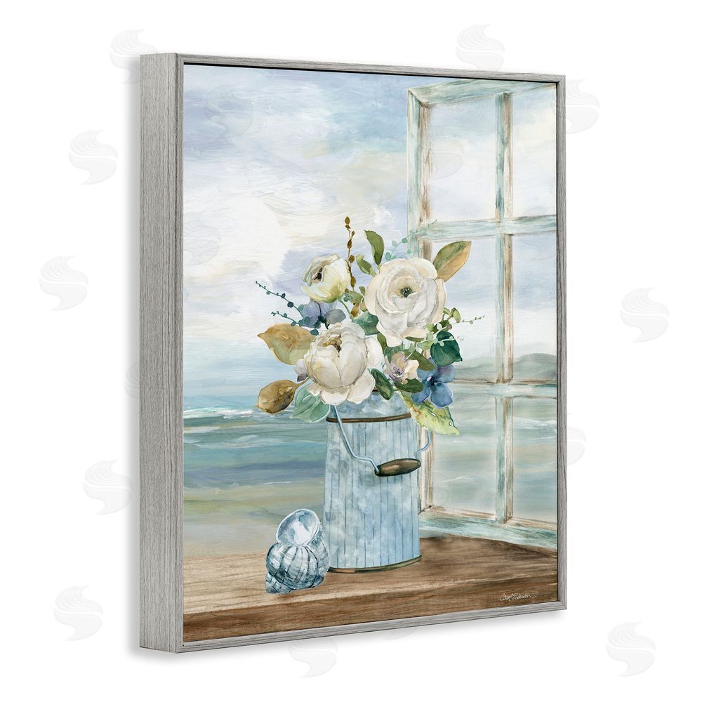 Carol Robinson Seaside Florals on Windowsill Gray Framed Giclee Wall Art Print