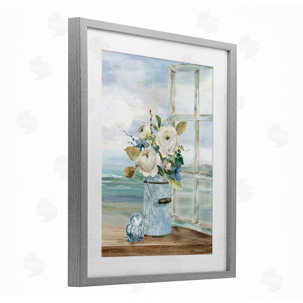 Carol Robinson Seaside Florals on Windowsill Gray Framed Print Under Glass Wall Art