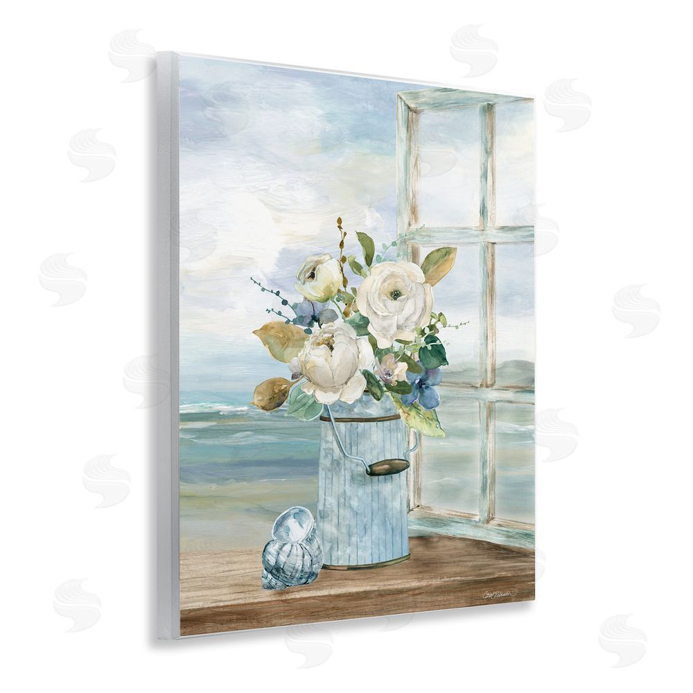 Carol Robinson Seaside Florals on Windowsill Wooden Wall Plaque Art Print