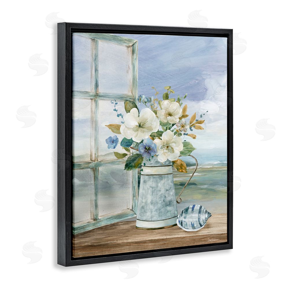 Carol Robinson Seaside Floral Bouquet Window Black Floating Frame Canvas Wall Art Print