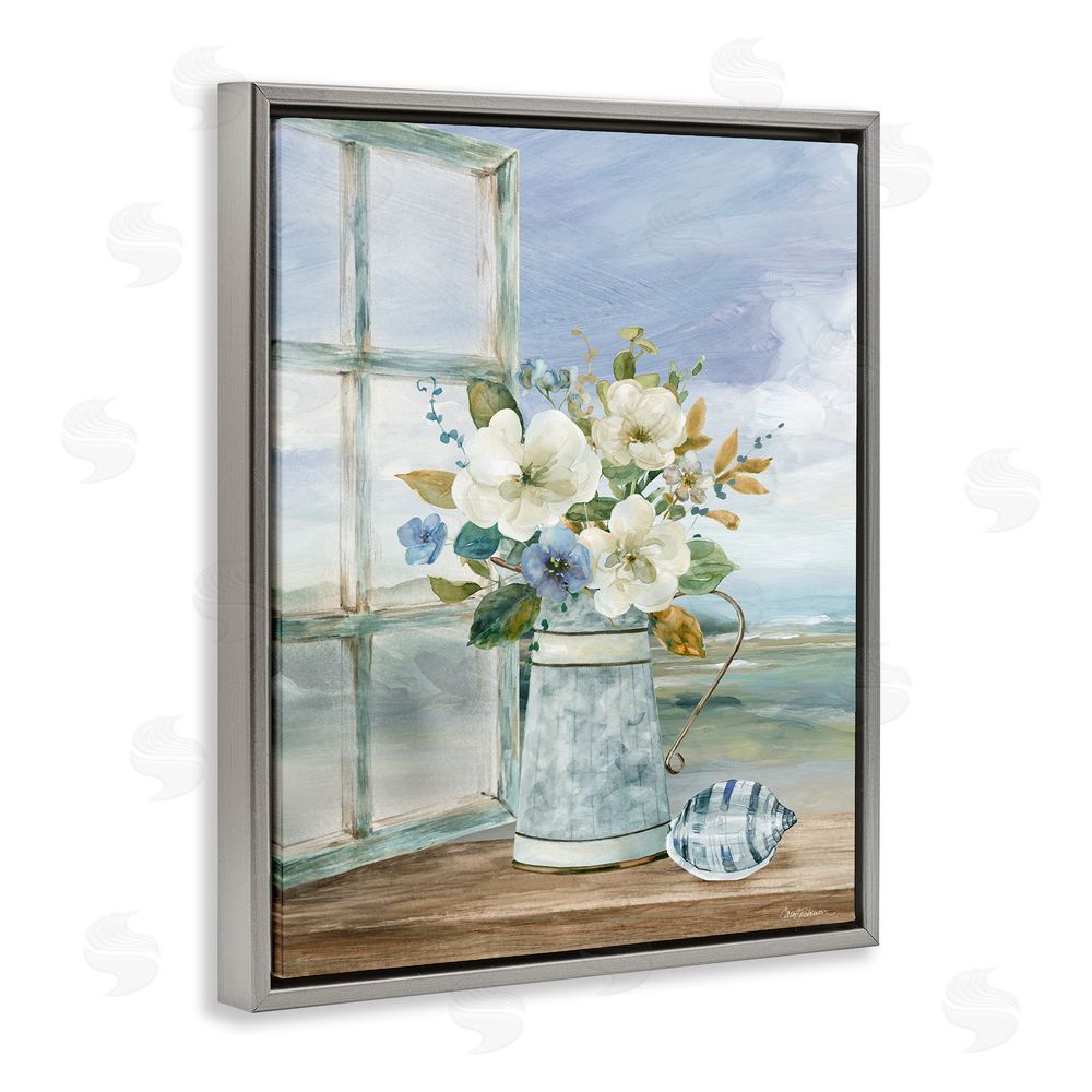 Carol Robinson Seaside Floral Bouquet Window Gray Floating Frame Canvas Wall Art Print