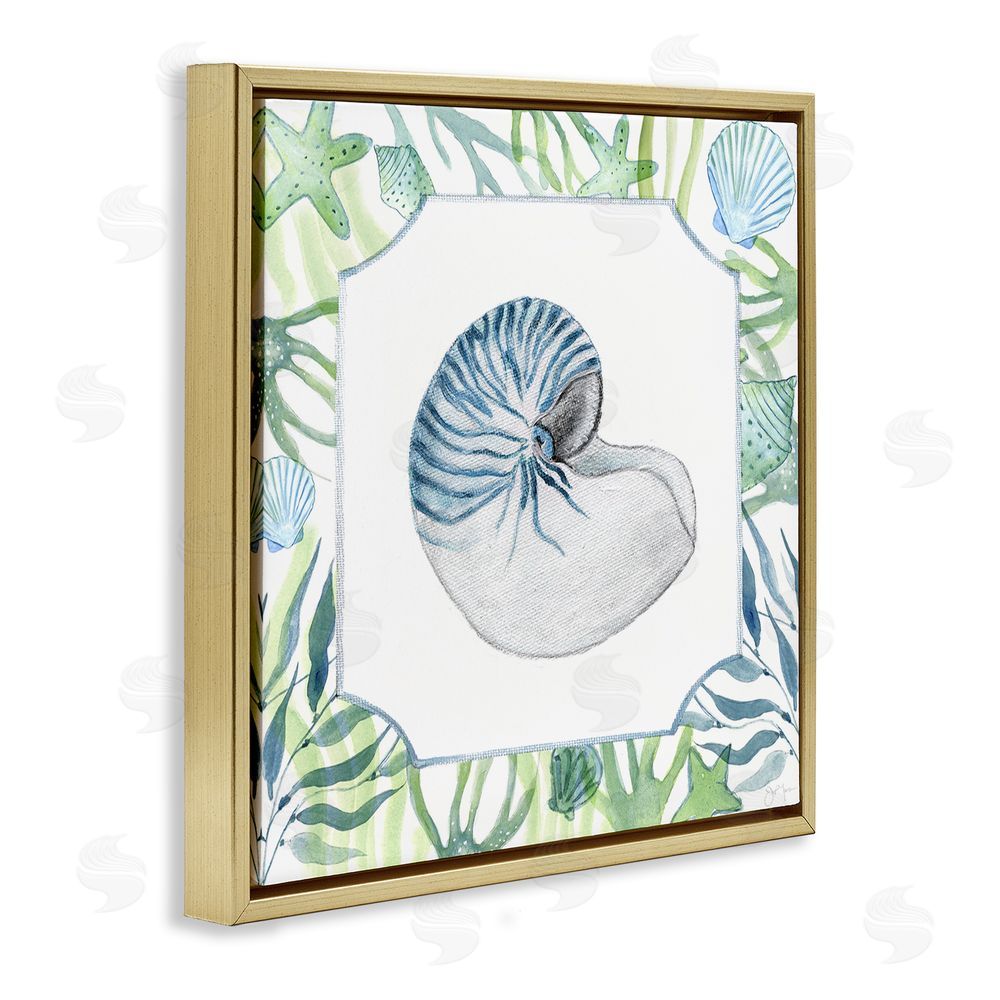 Janet Tava Seaweed & Seashells Aquatic Gold Floating Frame Canvas Wall Art Print