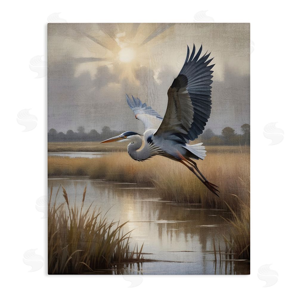 Susan Arnot Heron Flight over Wetlands Stretched Canvas Wall Art Print