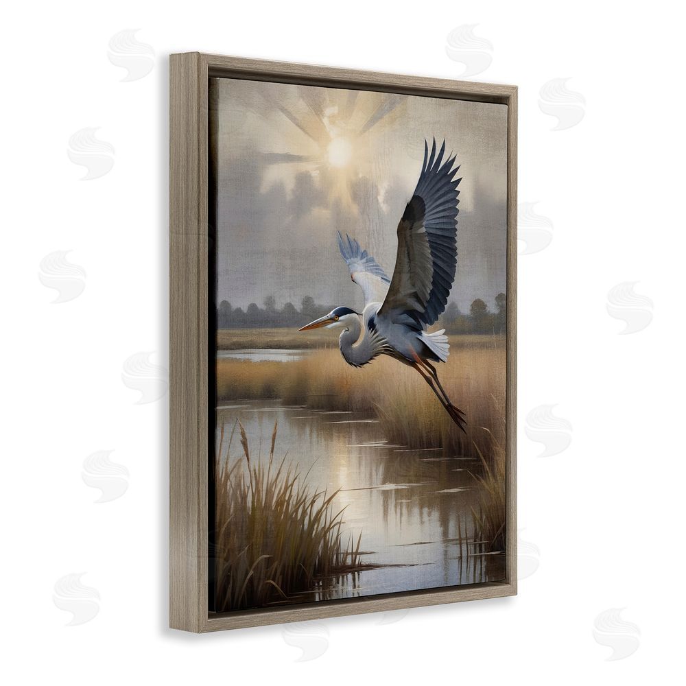 Susan Arnot Heron Flight over Wetlands Brown Floating Frame Canvas Wall Art Print