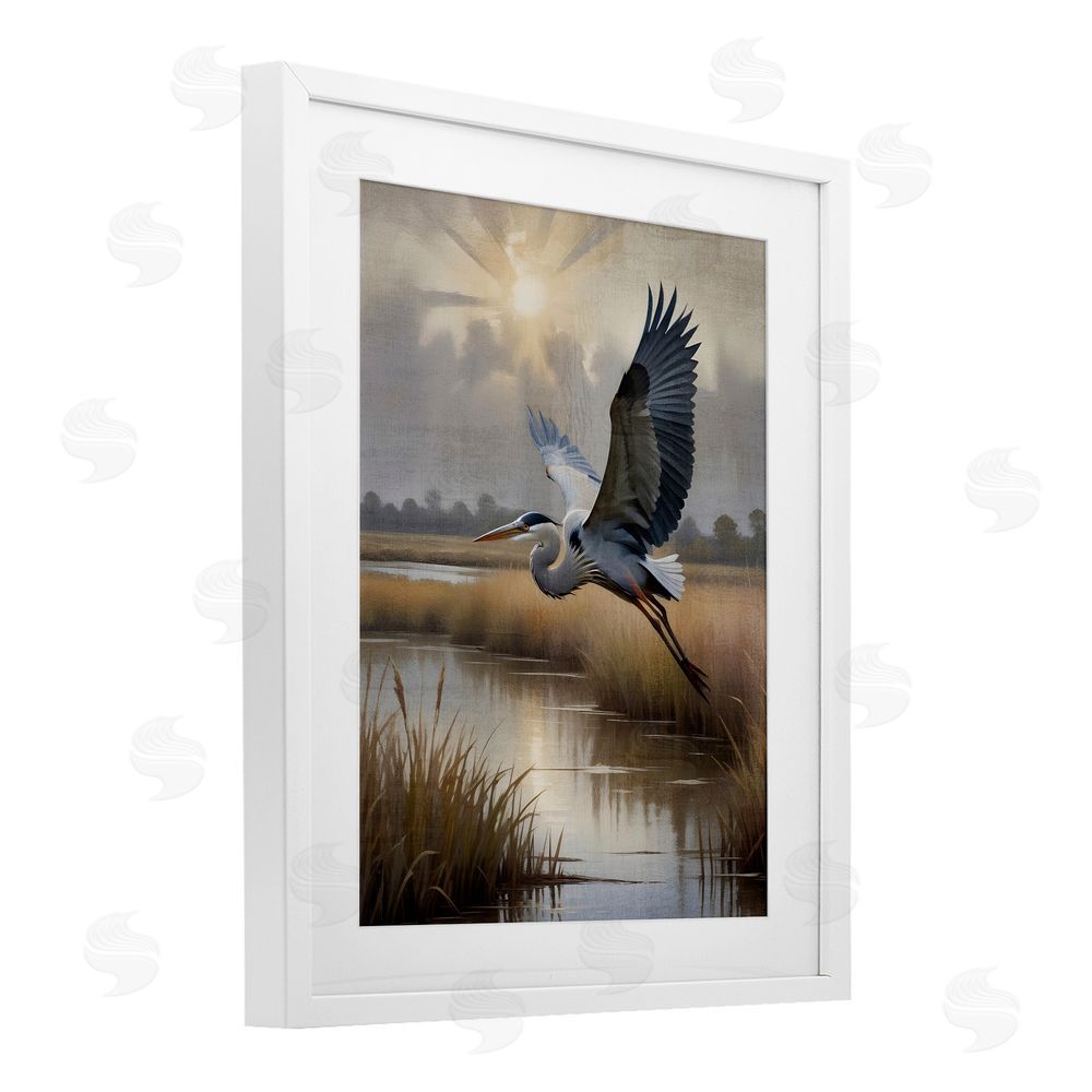 Susan Arnot Heron Flight over Wetlands White Framed Print Under Glass Wall Art