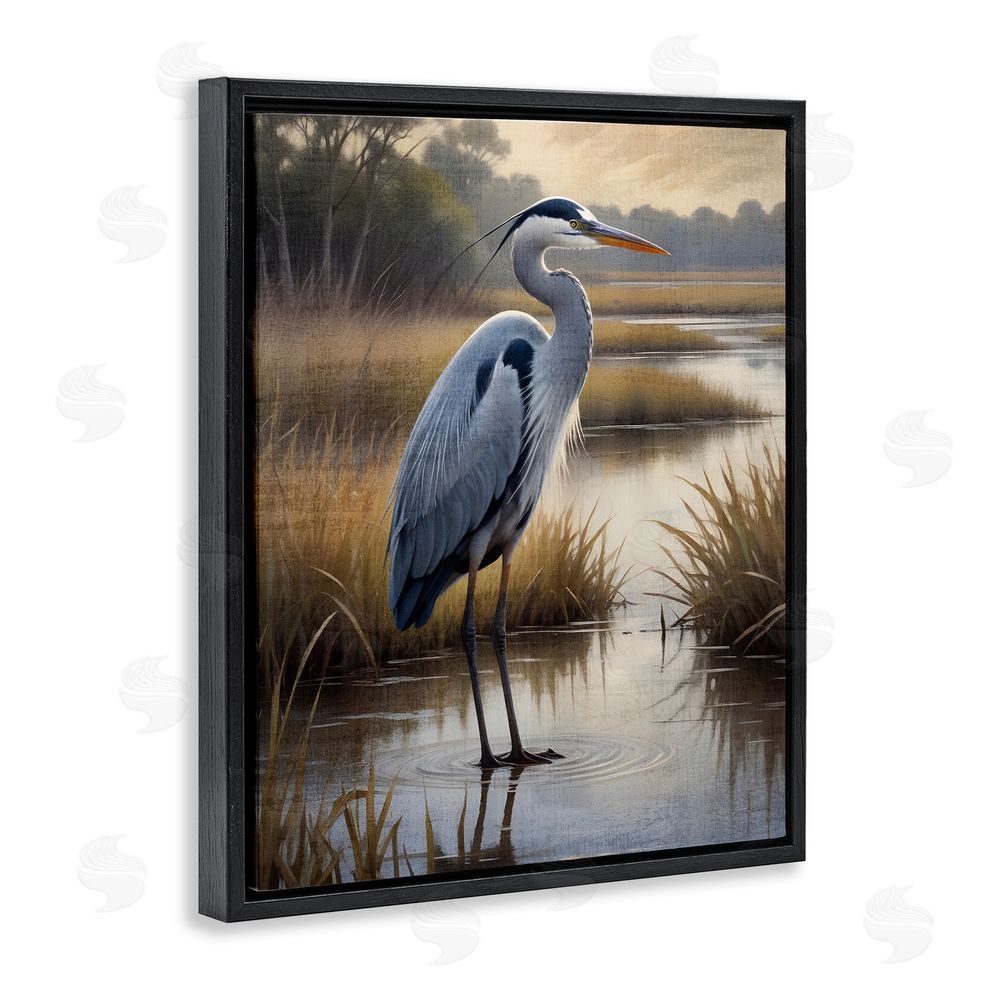 Susan Arnot Heron in Serene Marshlands Black Floating Frame Canvas Wall Art Print