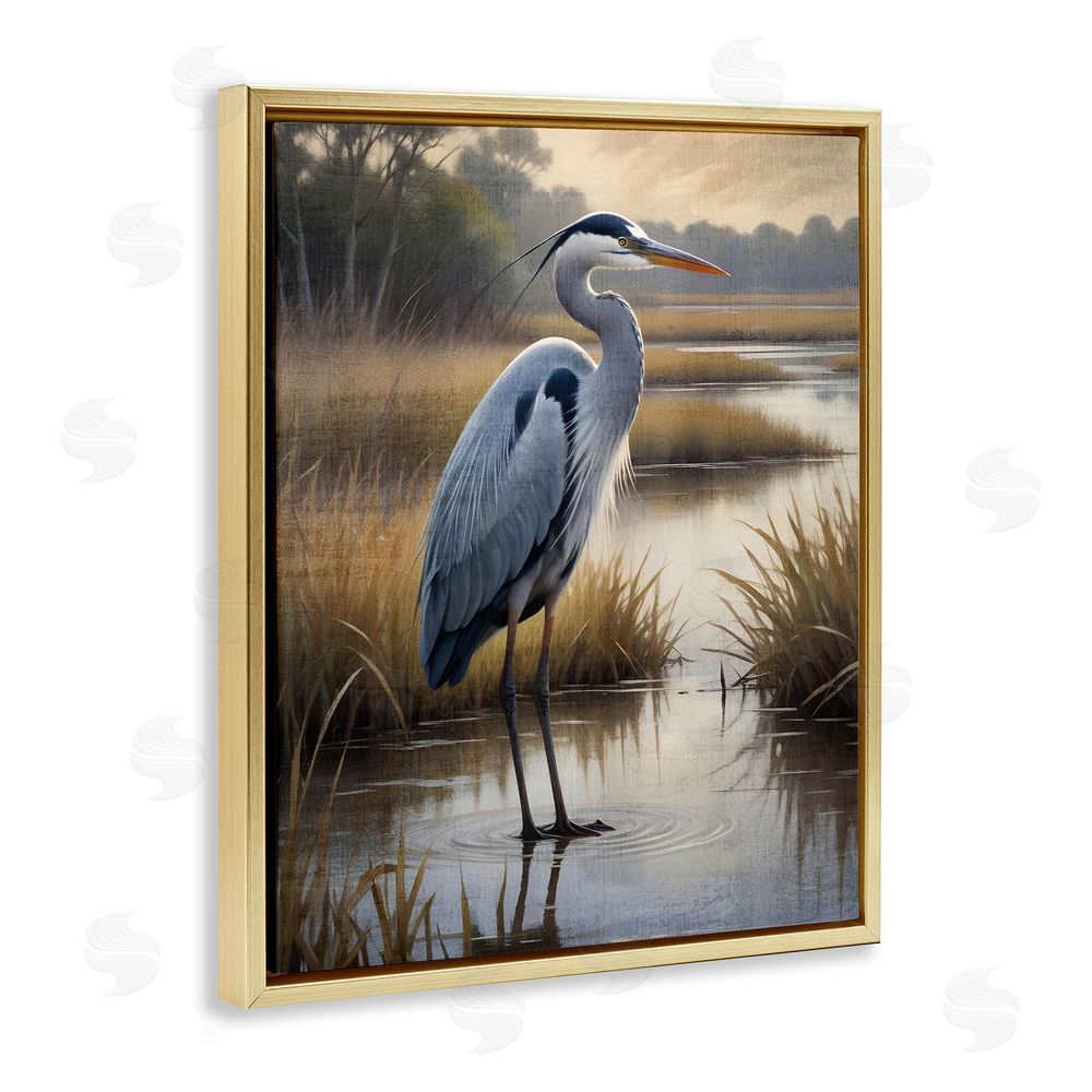 Susan Arnot Heron in Serene Marshlands Gold Floating Frame Canvas Wall Art Print