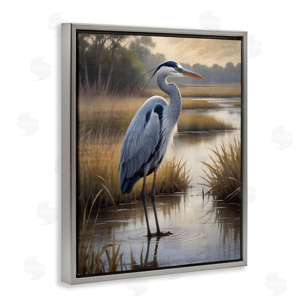 Susan Arnot Heron in Serene Marshlands Gray Floating Frame Canvas Wall Art Print