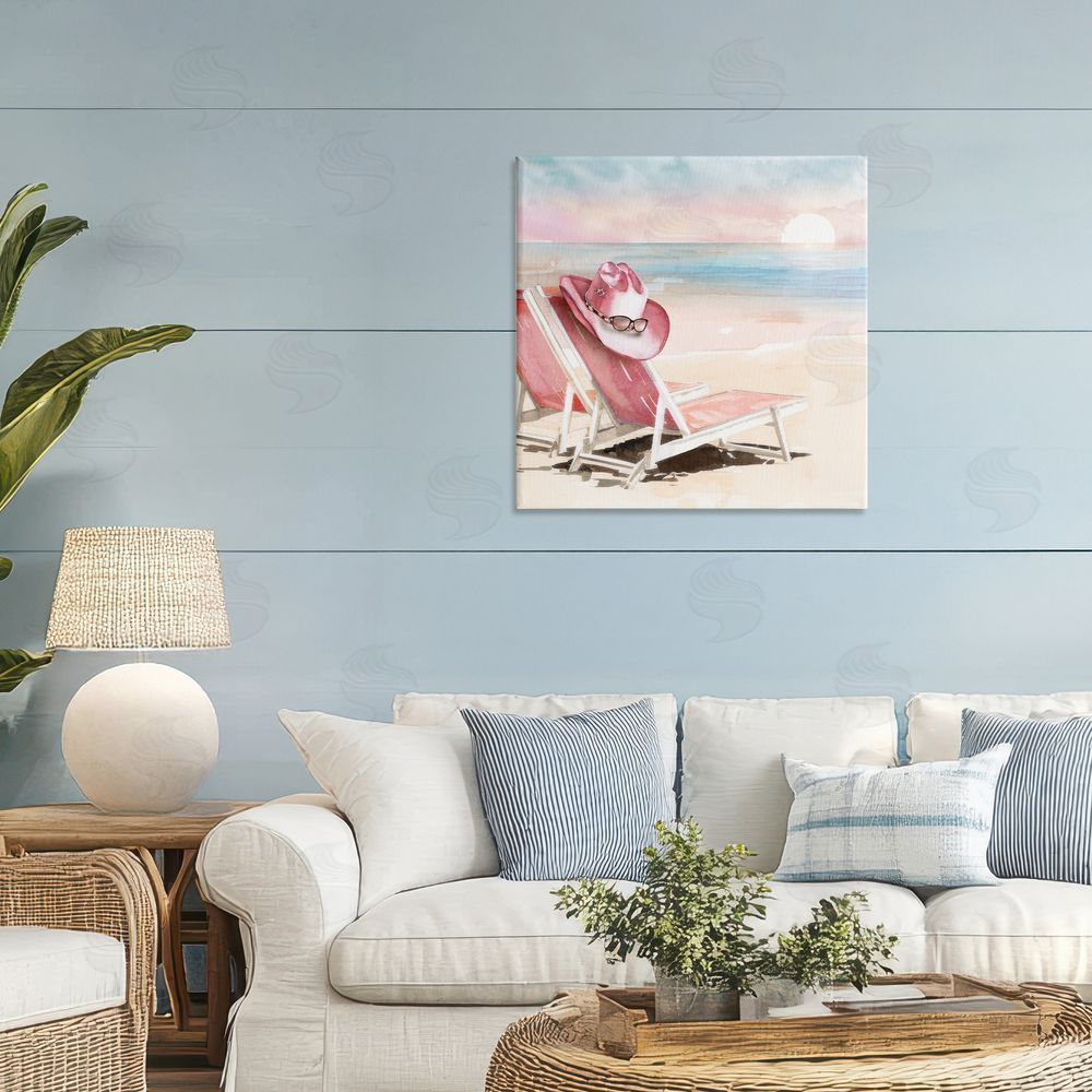 Paul Mathenia Blush Pink Beach Chairs Stretched Canvas Wall Art in Room
