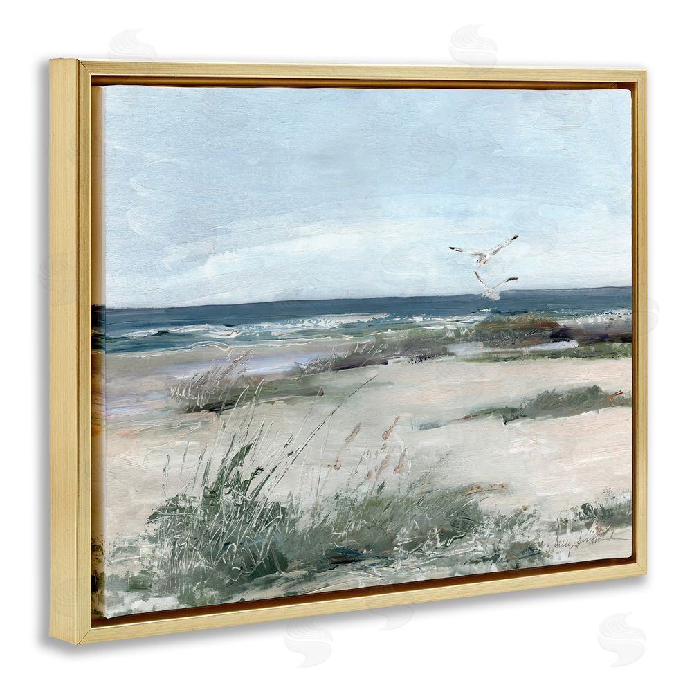Sally Swatland Seagull Pair over Waves Gold Floating Frame Canvas Wall Art Print