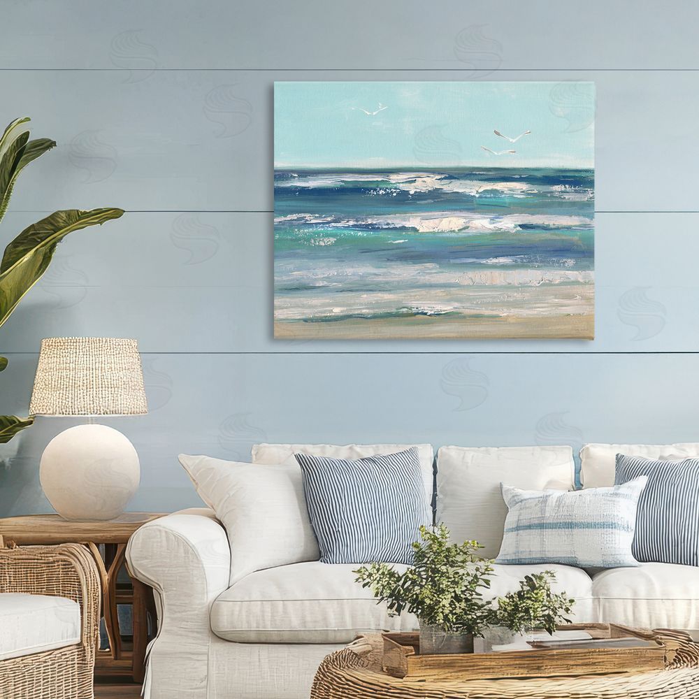 Sally Swatland Seagulls over Rolling Waves Stretched Canvas Wall Art in Room