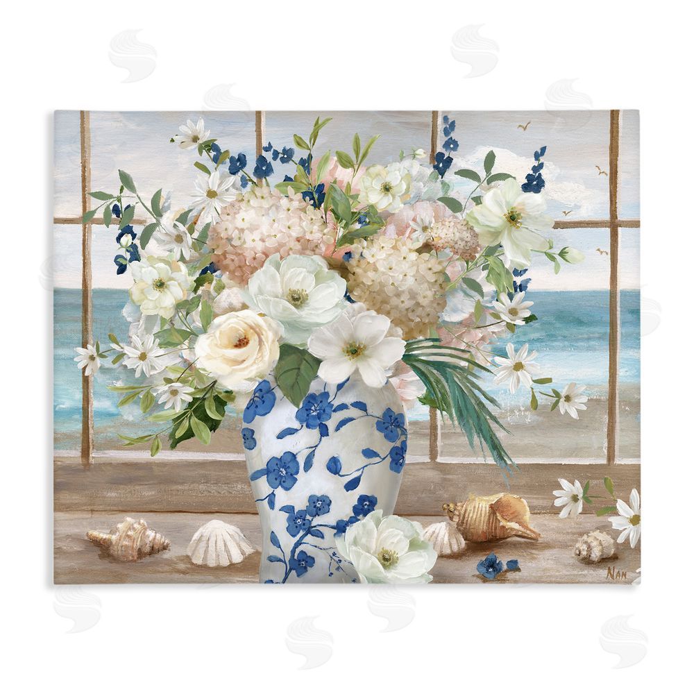 Nan Seashells & Flowers Windowsill Stretched Canvas Wall Art Print