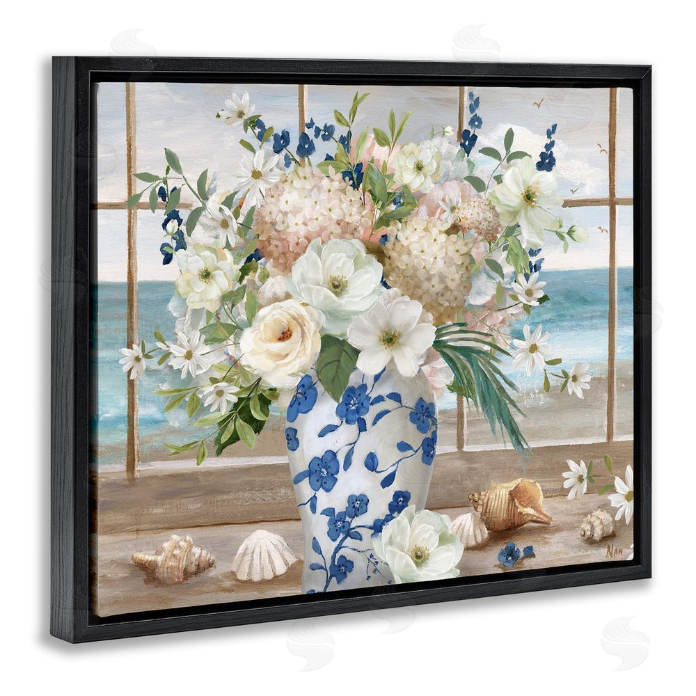 Nan Seashells & Flowers Windowsill Black Floating Frame Canvas Wall Art Print