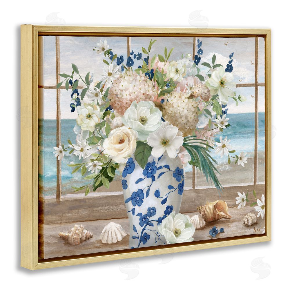 Nan Seashells & Flowers Windowsill Gold Floating Frame Canvas Wall Art Print