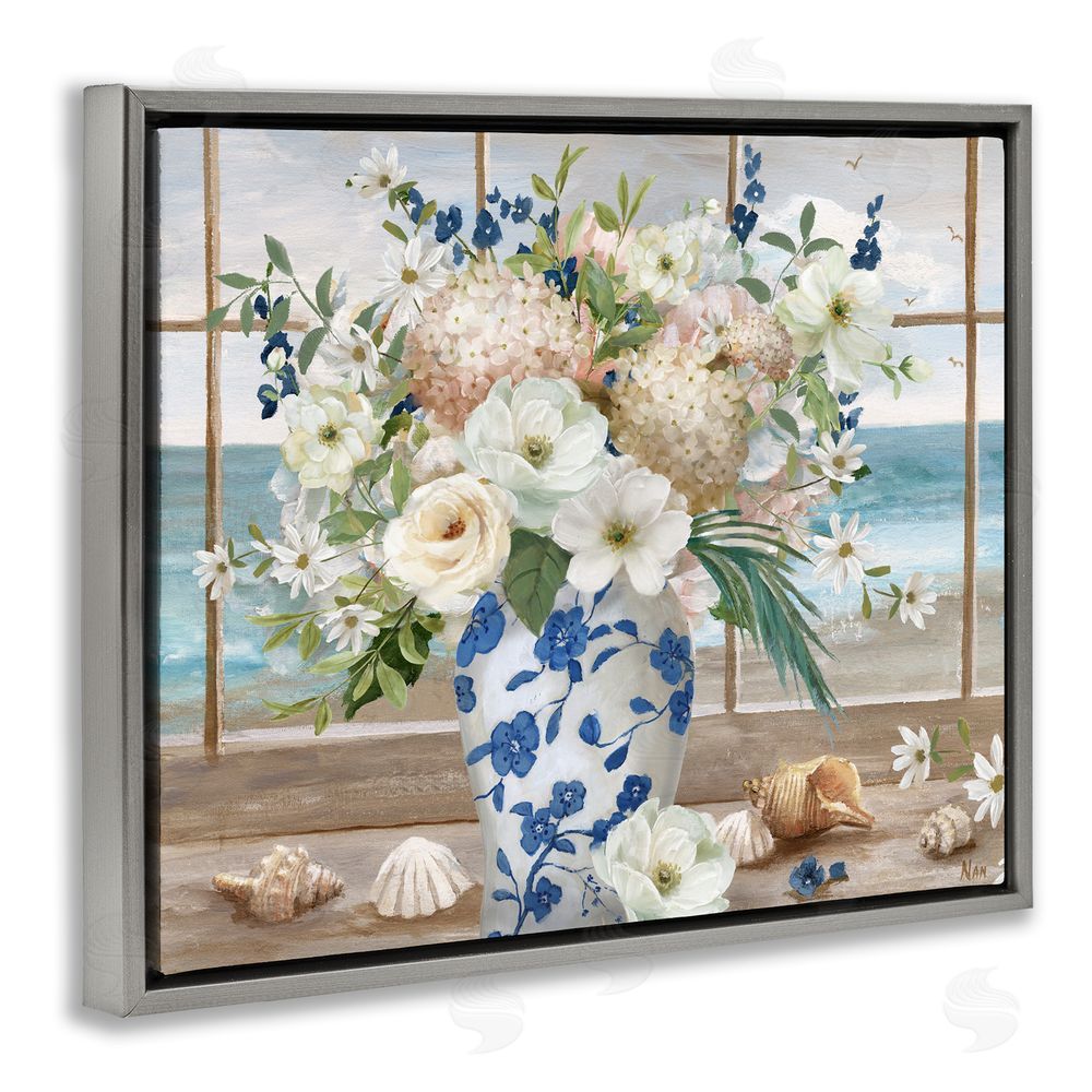 Nan Seashells & Flowers Windowsill Gray Floating Frame Canvas Wall Art Print