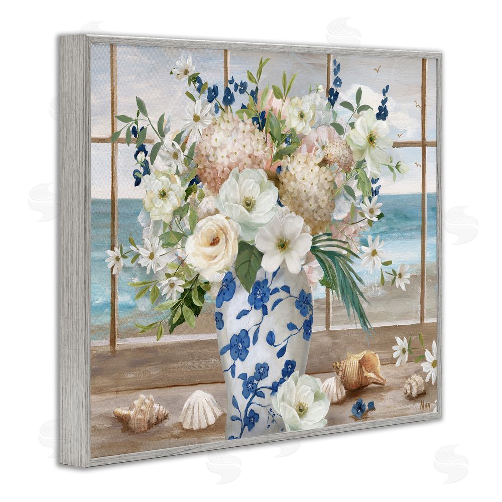 Nan Seashells & Flowers Windowsill Gray Framed Giclee Wall Art Print