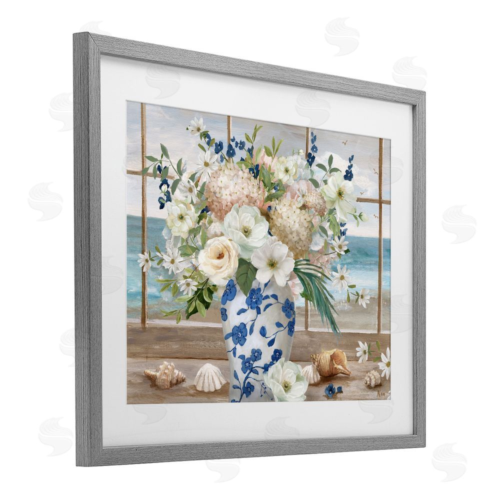 Nan Seashells & Flowers Windowsill Gray Framed Print Under Glass Wall Art