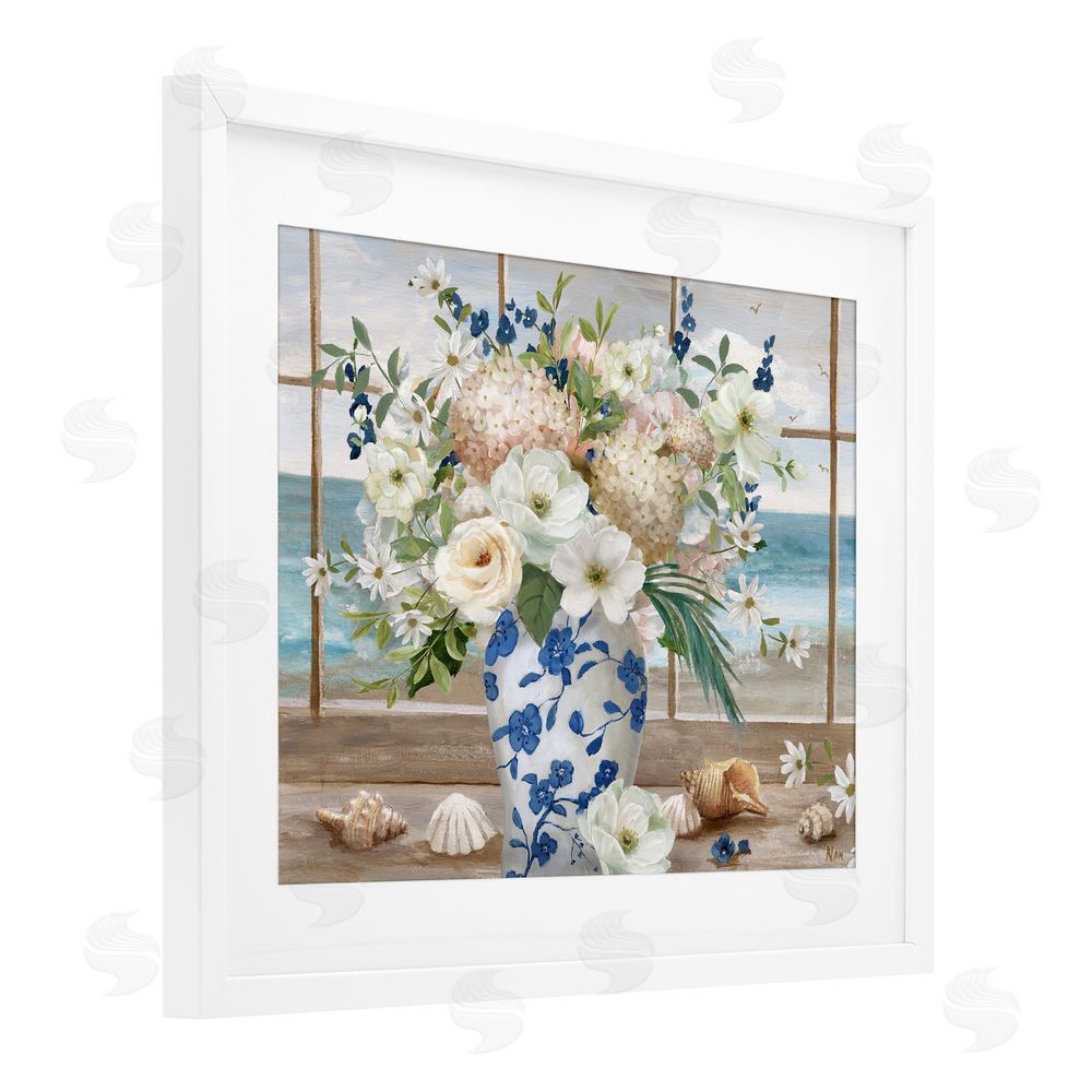 Nan Seashells & Flowers Windowsill White Framed Print Under Glass Wall Art
