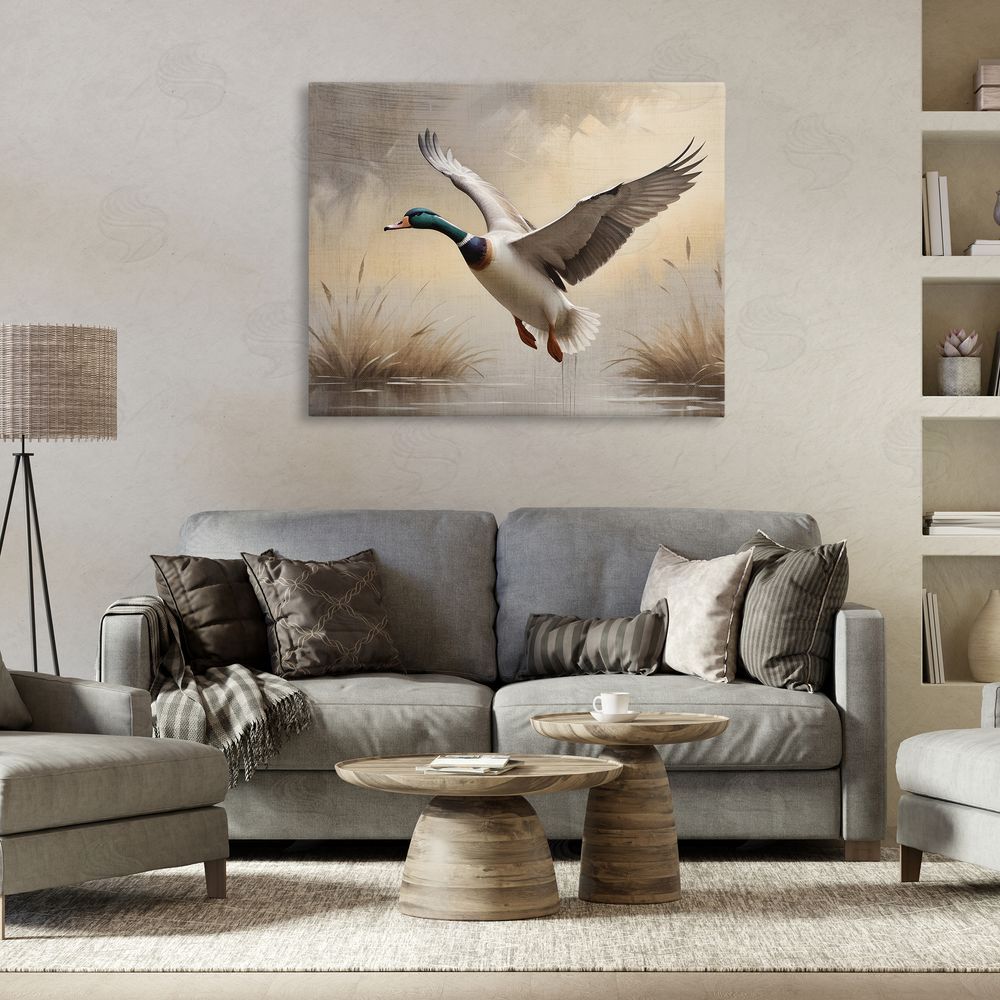 Susan Arnot Gliding Mallard over Wetlands Stretched Canvas Wall Art in Room