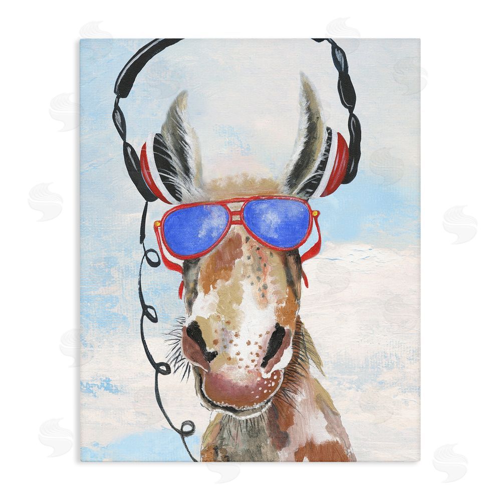 Janet Tava Donkey Wearing Headphones Stretched Canvas Wall Art Print