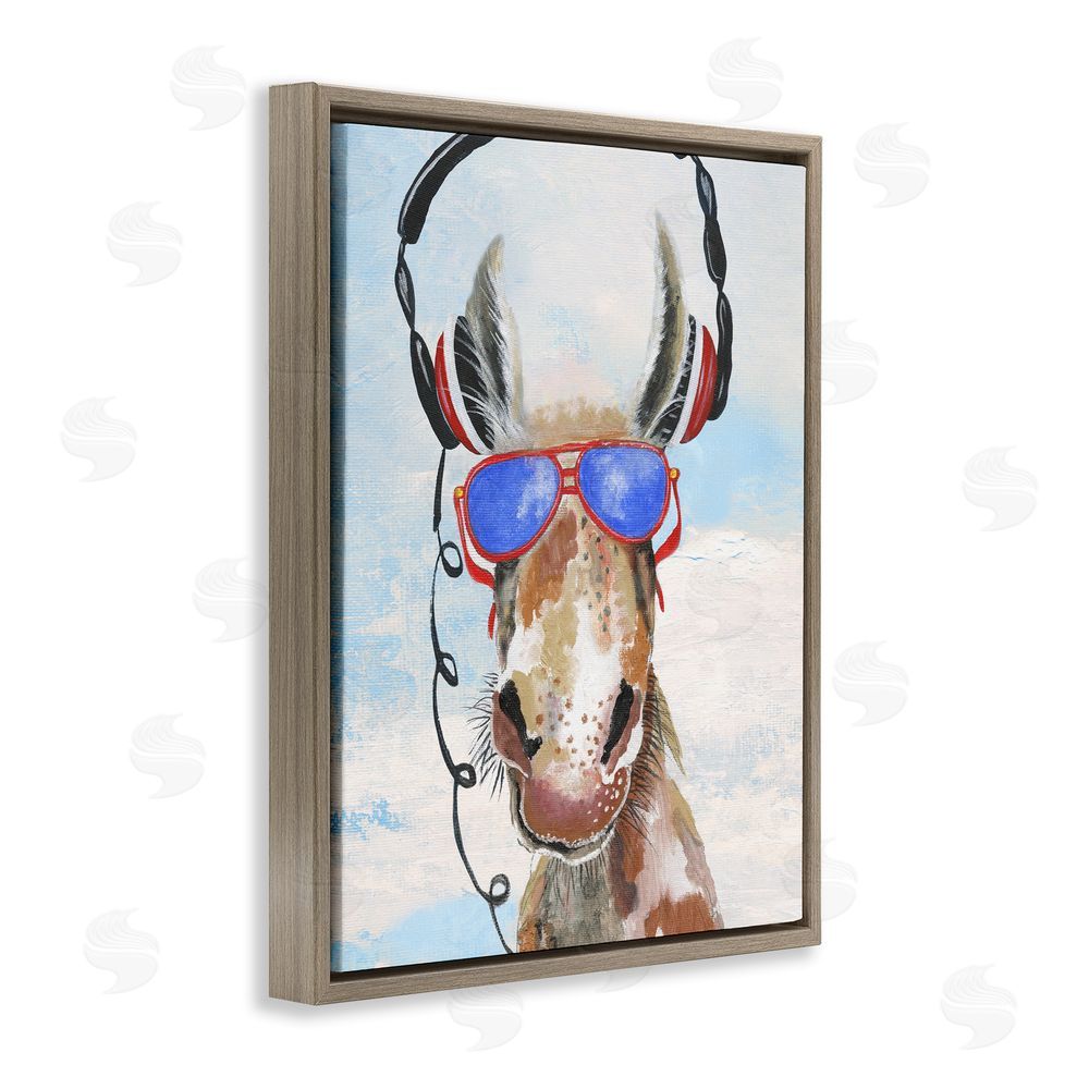 Janet Tava Donkey Wearing Headphones Brown Floating Frame Canvas Wall Art Print