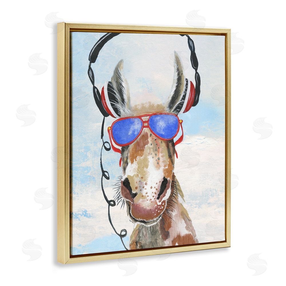 Janet Tava Donkey Wearing Headphones Gold Floating Frame Canvas Wall Art Print