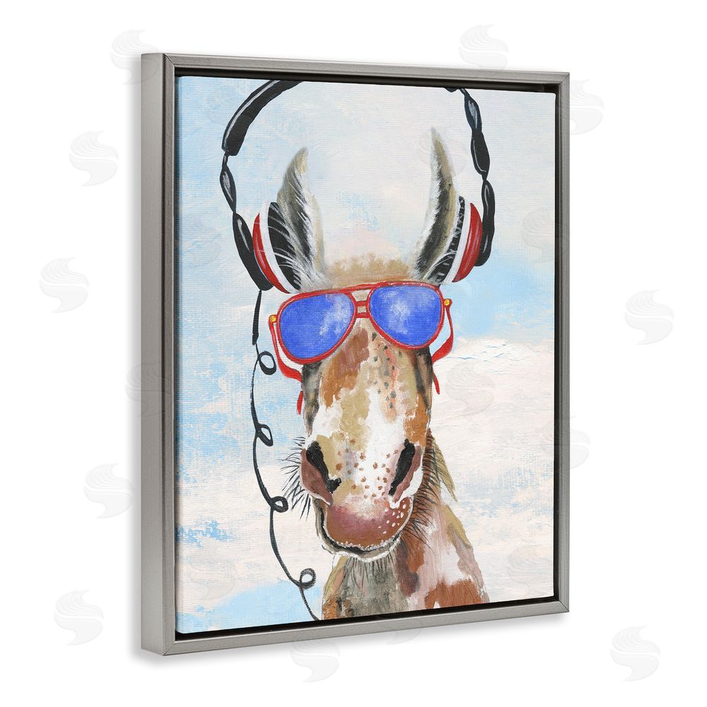 Janet Tava Donkey Wearing Headphones Gray Floating Frame Canvas Wall Art Print