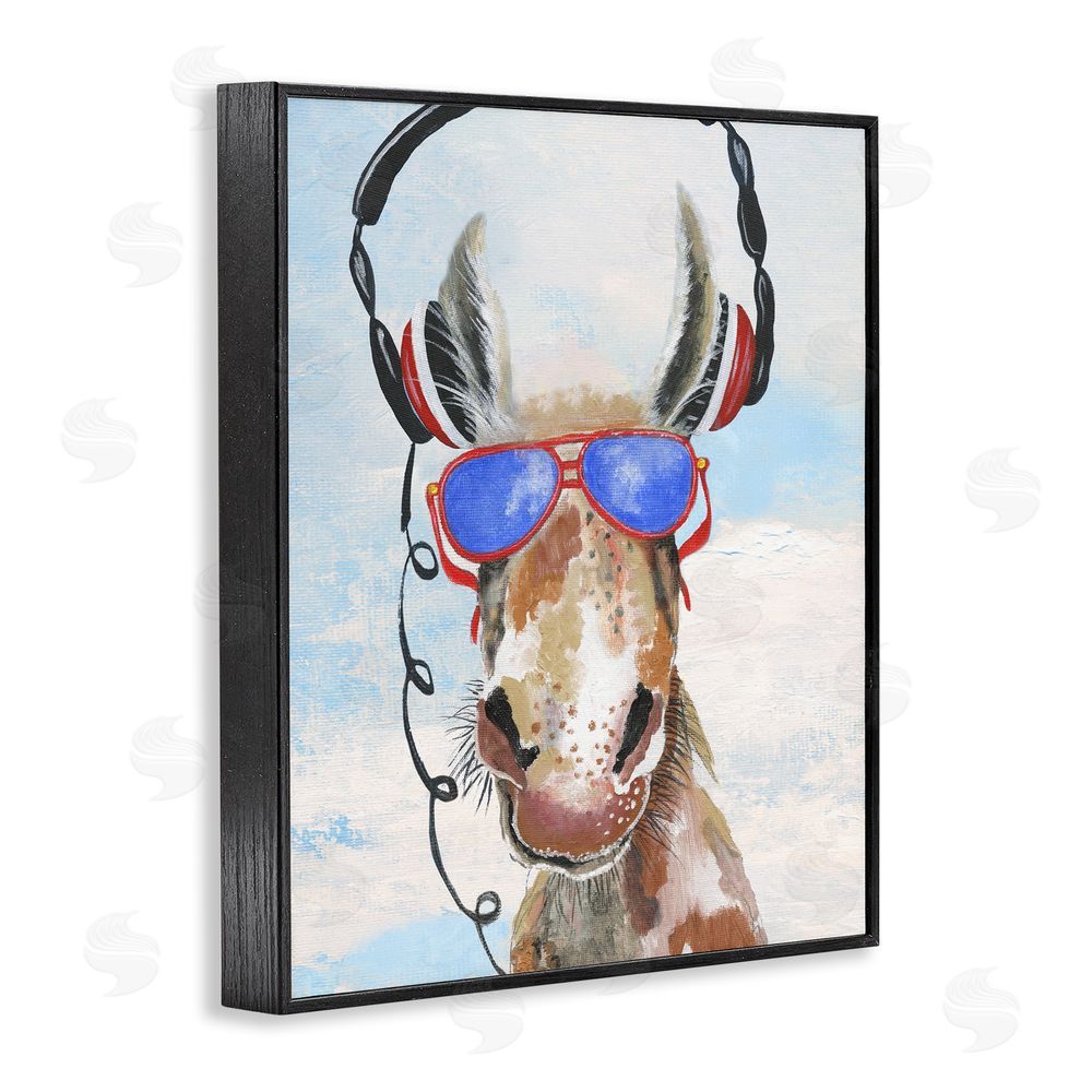 Janet Tava Donkey Wearing Headphones Black Framed Giclee Wall Art Print