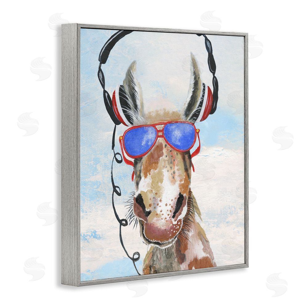 Janet Tava Donkey Wearing Headphones Gray Framed Giclee Wall Art Print