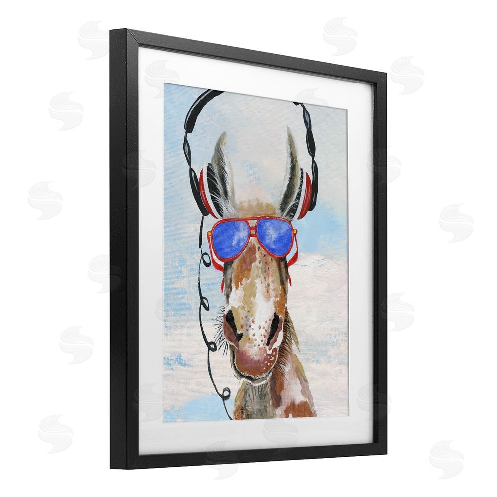 Janet Tava Donkey Wearing Headphones Black Framed Print Under Glass Wall Art