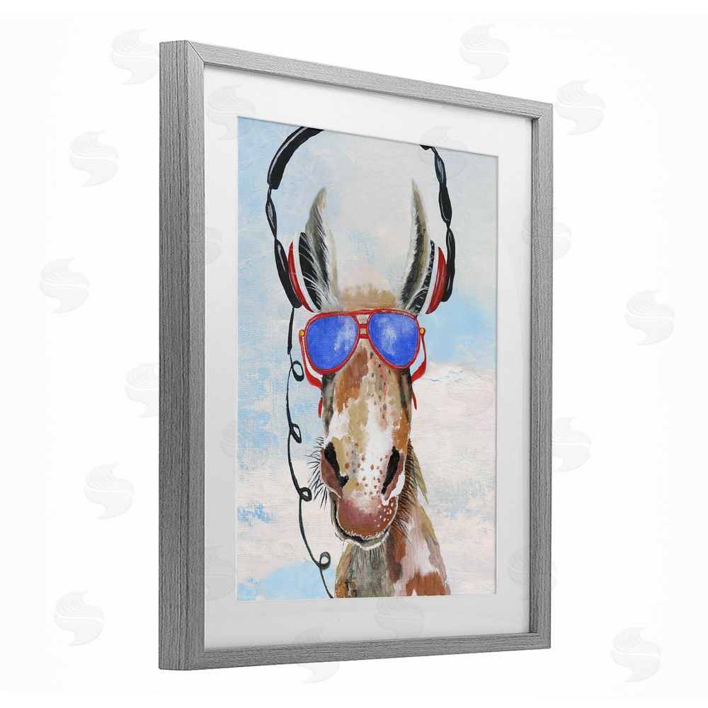 Janet Tava Donkey Wearing Headphones Gray Framed Print Under Glass Wall Art