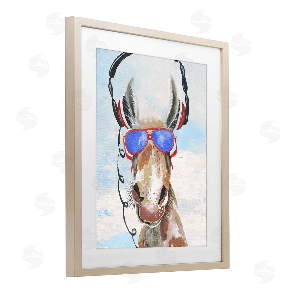 Janet Tava Donkey Wearing Headphones Brown Framed Print Under Glass Wall Art