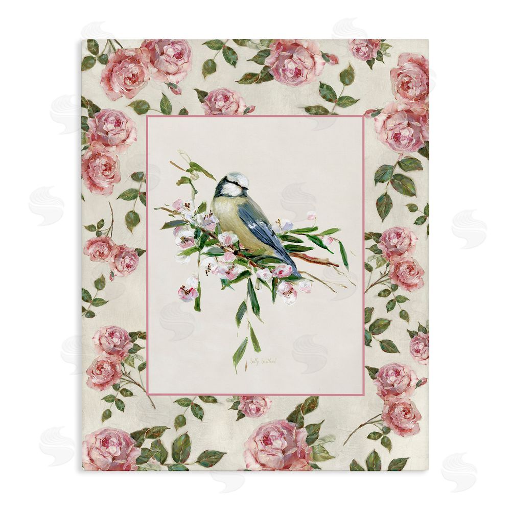 Sally Swatland Dainty Roses & Perched Bird Stretched Canvas Wall Art Print