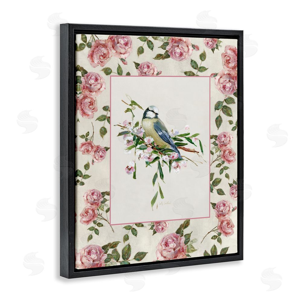 Sally Swatland Dainty Roses & Perched Bird Black Floating Frame Canvas Wall Art Print