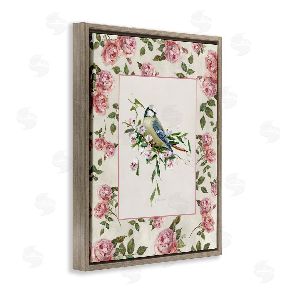 Sally Swatland Dainty Roses & Perched Bird Brown Floating Frame Canvas Wall Art Print