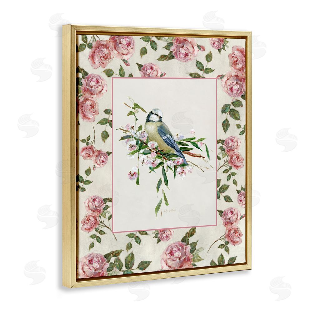 Sally Swatland Dainty Roses & Perched Bird Gold Floating Frame Canvas Wall Art Print