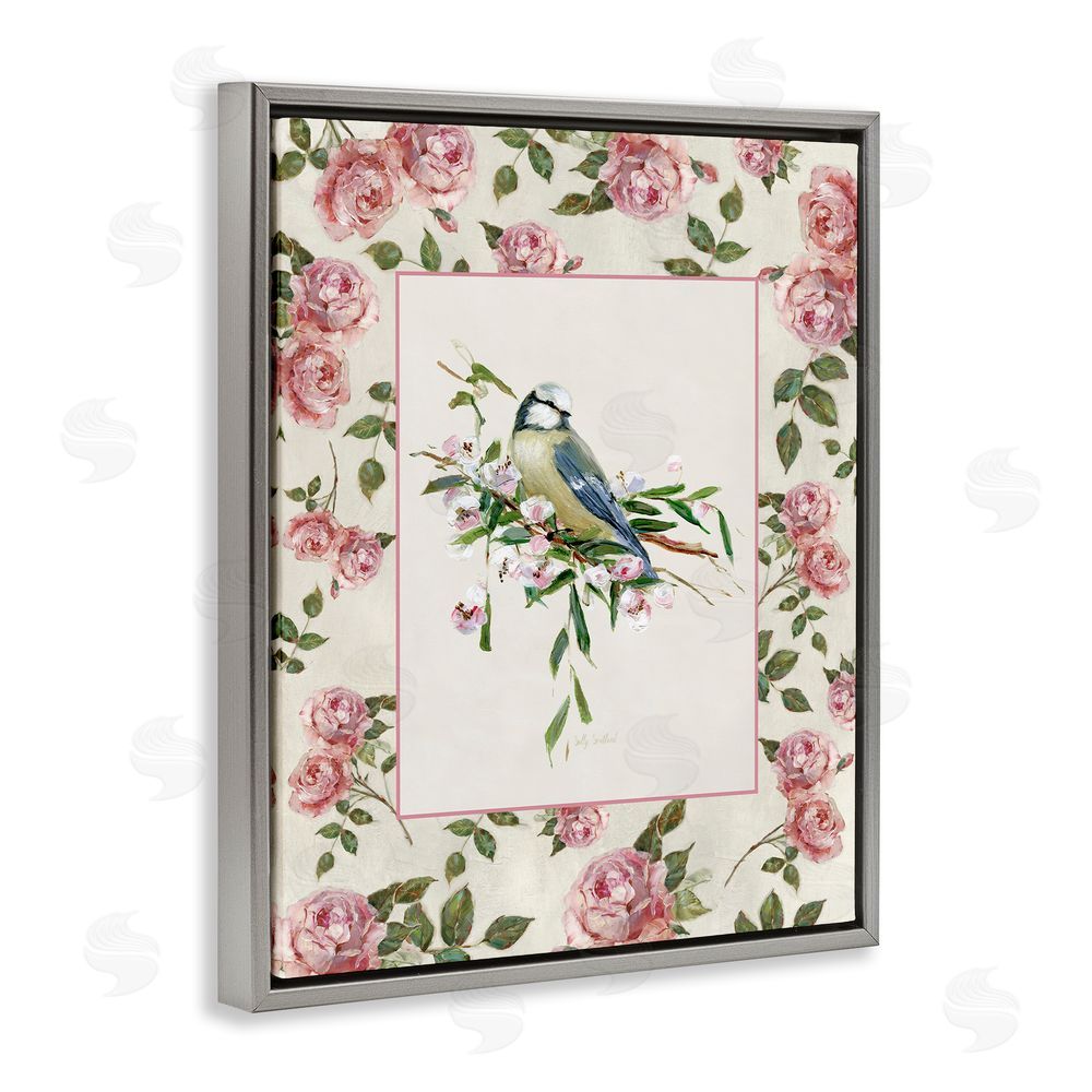 Sally Swatland Dainty Roses & Perched Bird Gray Floating Frame Canvas Wall Art Print