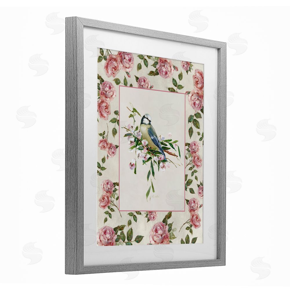 Sally Swatland Dainty Roses & Perched Bird Gray Framed Print Under Glass Wall Art