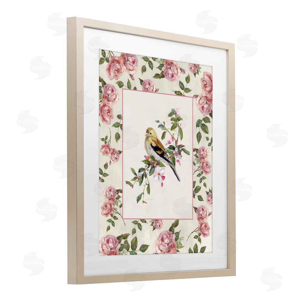 Sally Swatland Perched Bird with Dainty Roses Brown Framed Print Under Glass Wall Art