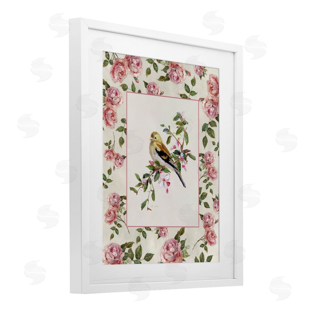 Sally Swatland Perched Bird with Dainty Roses White Framed Print Under Glass Wall Art